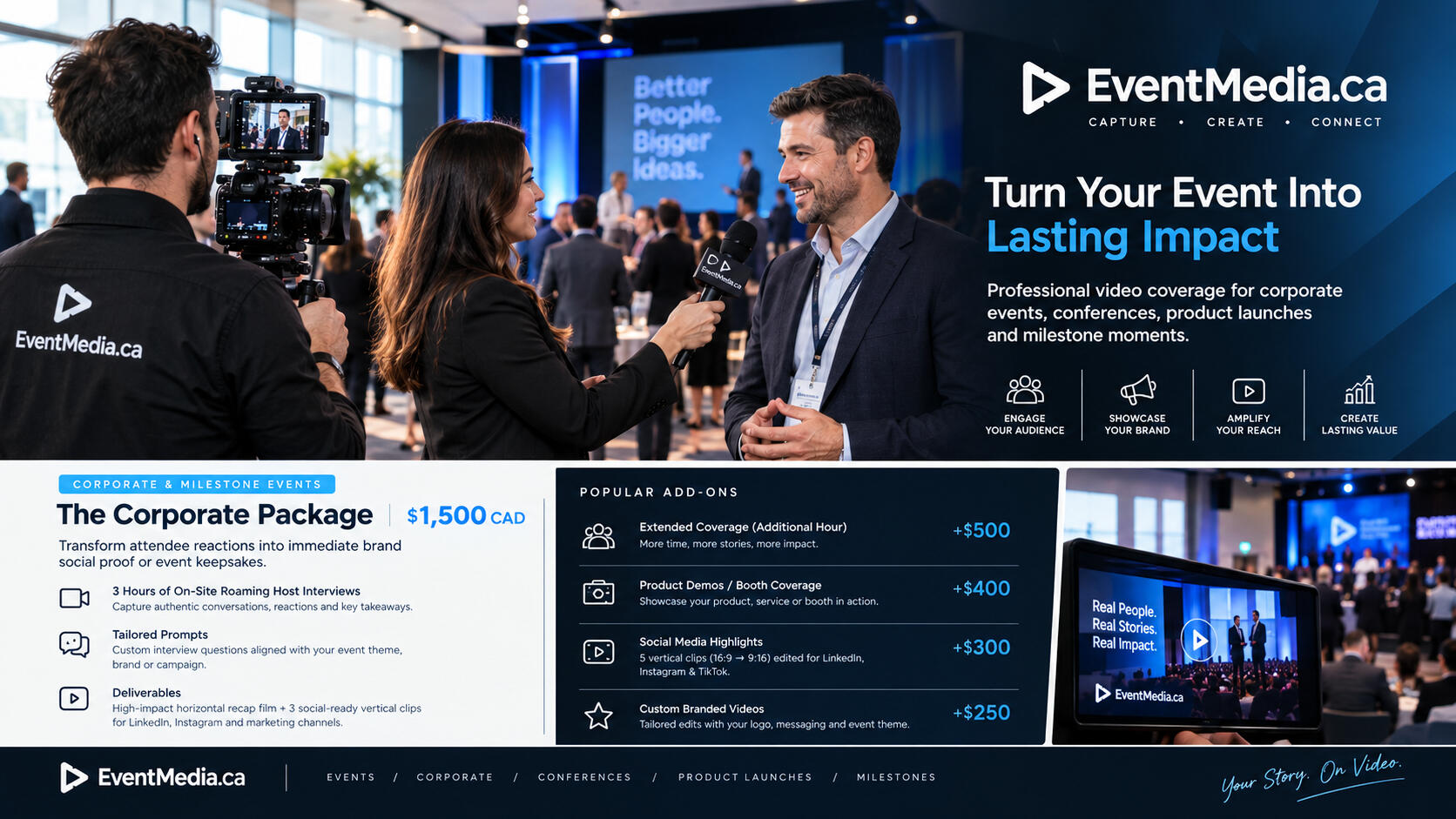 Professional corporate event videography, guest interviews, conference coverage, and social media video production in Ottawa and across Ontario. EventMedia.ca captures authentic attendee reactions, executive interviews, event highlights, and brand stories
