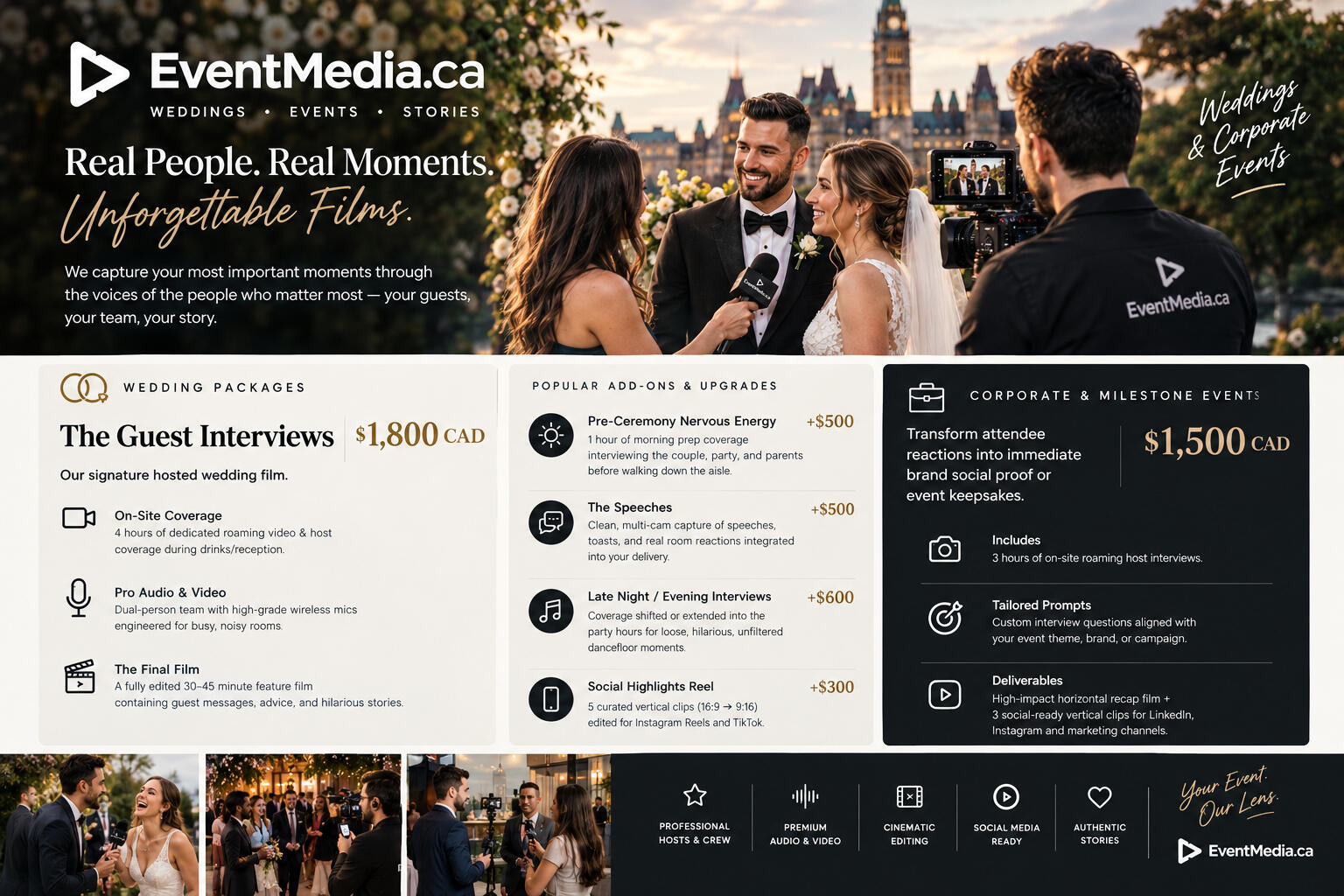 Wedding Packages & Upgrades Core Package: The Guest Interviews — $1,800 CAD Our signature hosted wedding film. On-Site Coverage: 4 hours of dedicated roaming video & host coverage during drinks/reception. Pro Audio & Video: Dual-person team with high-gra